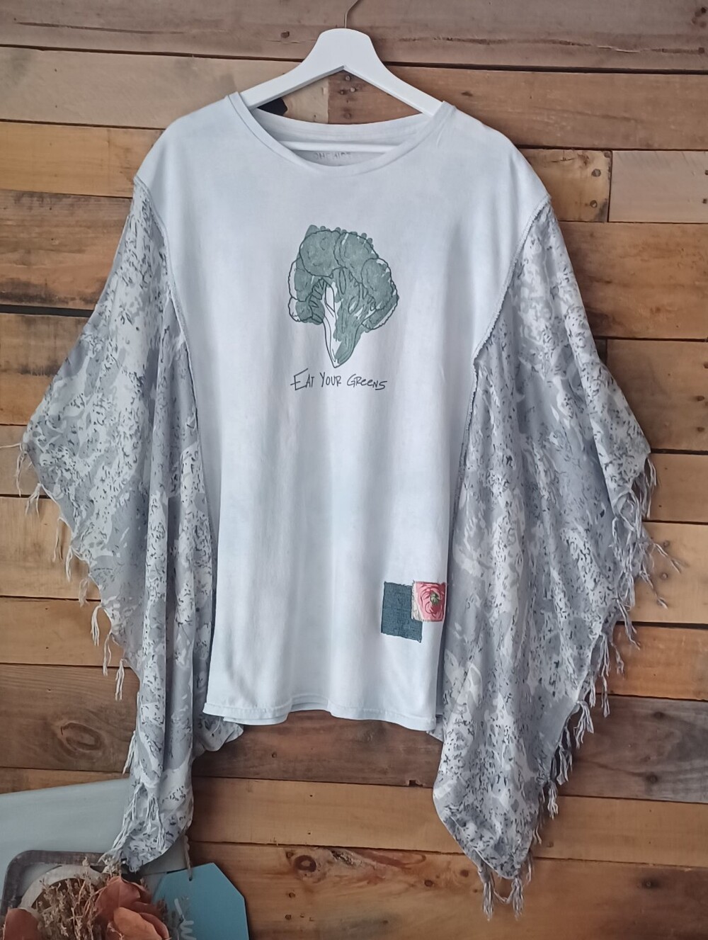 Upcycled Eat Your Greens Graphic Tee with Sheer Fringe Kimono Sleeves